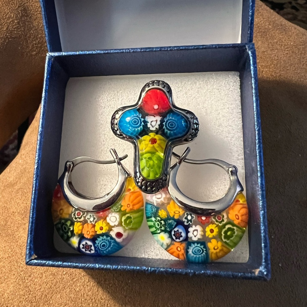 Multicolor Floral Millefiori Cross Ring and Hoop Earrings Set